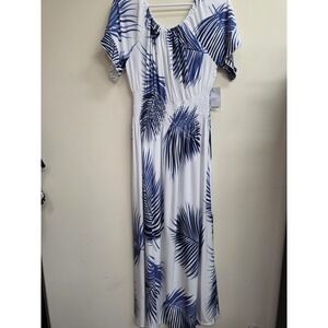 Kindred 2X Tropical Palm Print Maxi Dress Smocked Waist Blue White Boho NWT